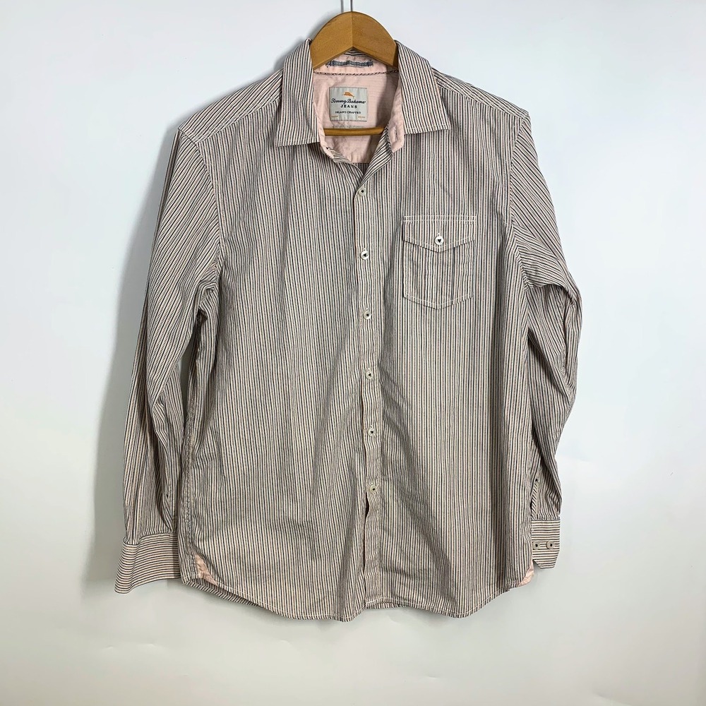 Tommy Bahama Jeans‎ Mens Long Sleeve Button Down Shirt Tan Stripe Casual Size L